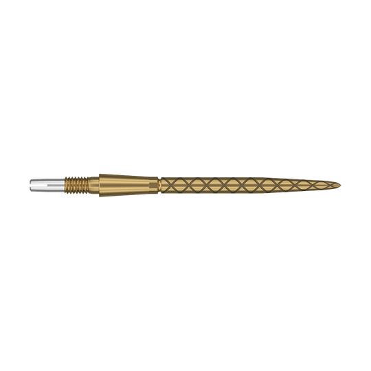 Punte per freccette Target Swiss Storm Diamond Point - Oro Auf dem Bild ist eine goldene Dartspitze mit Diamantmuster zu sehen. Die Spitze ist lang und hat am hinteren Ende einen silbernen Schraubaufsatz.