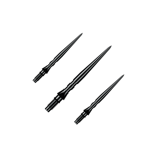 Punte per freccette in acciaio Winmau Switch Point Groove - Nero Auf dem Bild ist ein Set aus schwarzen Winmau Switch Point Groove Steeldartspitzen mit 26 mm Länge zu sehen. Diese Ersatzspitzen sind speziell für Steeldarts gedacht.