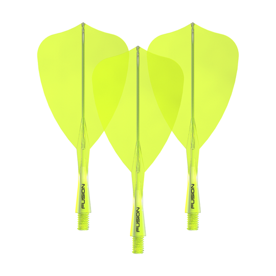 Winmau Fusion Flight Shaft System Freccia Giallo Neon Das Winmau Fusion Flight Shaft System Arrow Neon Yellow 22mm Set ist auf dem Bild zu sehen. Es besteht aus gelben Dart-Flights und -Schäften.