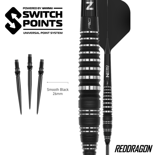 Dardi d'acciaio Switch Point Red Dragon Sable Bomb Zu sehen sind die Red Dragon Sable Bomb Switch Point Steeldarts. Die Darts sind robust und für präzises Spiel konzipiert.