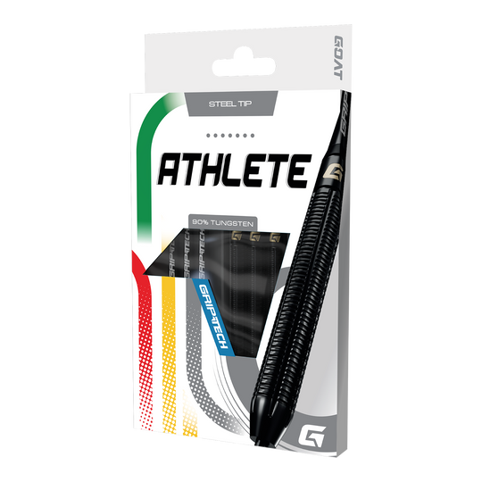 Freccette in acciaio al tungsteno nero GOAT Athlete Das Produkt GOAT Athlete Black Tungsten Steeldarts wird gezeigt. Die Darts sind für professionelle Spieler geeignet und in Schwarz gehalten.