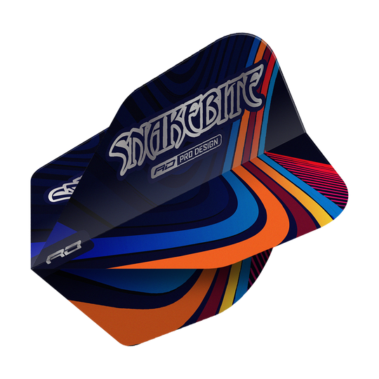 Voli Red Dragon Peter Wright Snakebite Multi Swirl No6 Das Bild zeigt ein Dartflight mit dem Namen "Red Dragon Peter Wright Snakebite Multi Swirl No6 Flights". Das Flight-Design ist bunt mit geschwungenen Linien in Blau, Orange, Rot und Gelb, und trägt die Aufschrift "Snakebite".