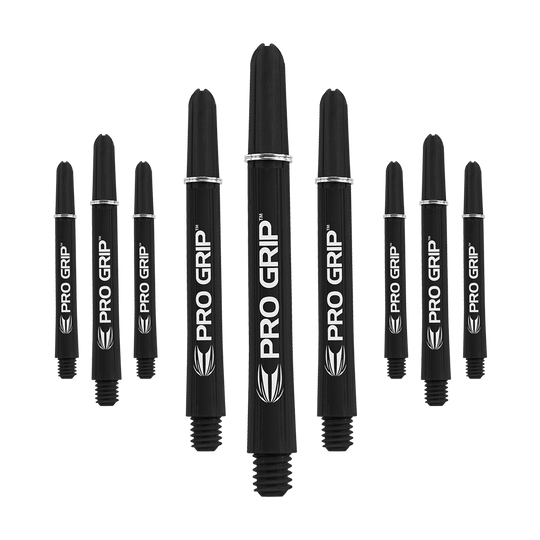 Auf dem Bild sind neun schwarze Pro Grip Dartschäfte zu sehen. Sie sind in drei Reihen angeordnet und auf jedem Schaft steht "PRO GRIP" in weißer Schrift.