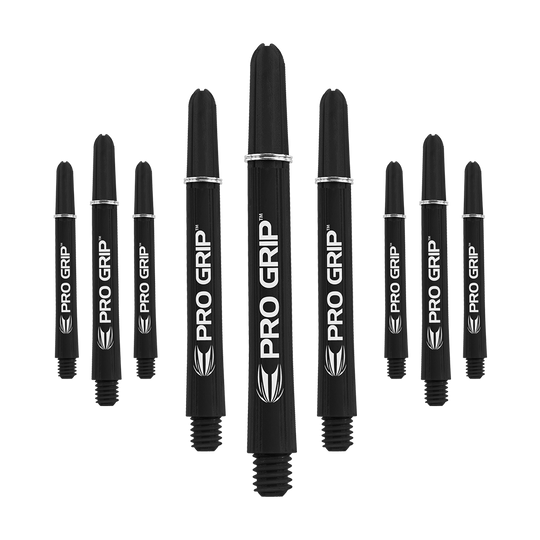 Target Pro Grip Shafts - 3 set - Nero Auf dem Bild sind neun schwarze Pro Grip Dartschäfte zu sehen. Sie sind in drei Reihen angeordnet und auf jedem Schaft steht "PRO GRIP" in weißer Schrift.
