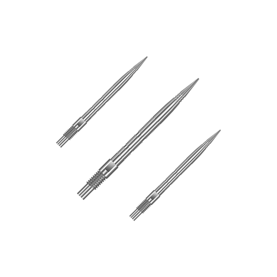 Punte per freccette Harrows Quick Point Micro Ridge - Argento Eine Verpackung mit mehreren Harrows Quick Point MicroRidge Dartspitzen in Silber mit 26 mm Länge ist abgebildet. Die Dartspitzen sind zur besseren Ansicht gruppiert.