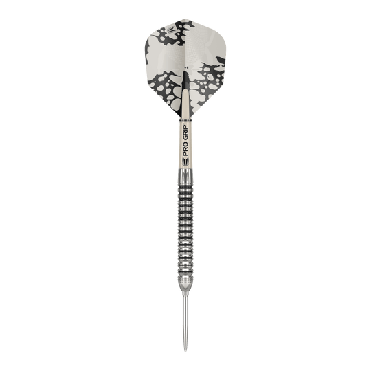 Freccette in acciaio Target EXO SP01 Swiss Point Das Bild zeigt einen Target EXO SP01 Swiss Point Steeldart. Der Dartpfeil hat ein schwarz-silbernes Design mit einer auffälligen schwarz-weißen Flight.