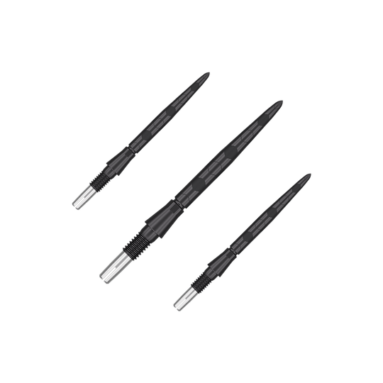 Punte per freccette Target Swiss Storm Onyx Point - Nere Auf dem Bild sind drei schwarze Dartspitzen mit silbernen Enden zu sehen. Sie sind in einem Set angeordnet und haben eine strukturierte Oberfläche.