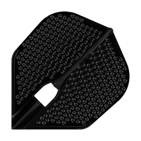 Alette stile L Dimple Champagne L3PRO Shape Das Bild zeigt ein schwarzes Dart-Flight mit Noppenstruktur. Es handelt sich um das Modell "L-Style Flights Dimple Champagne L3PRO Shape".