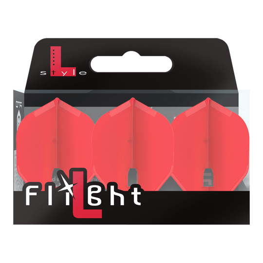 Alette stile L Champagne - L1PRO Standard Auf dem Bild ist eine Verpackung mit drei roten Dartflights zu sehen. Die Marke „L-Style“ und der Schriftzug „Flight“ stehen auf der Vorderseite der Packung.
