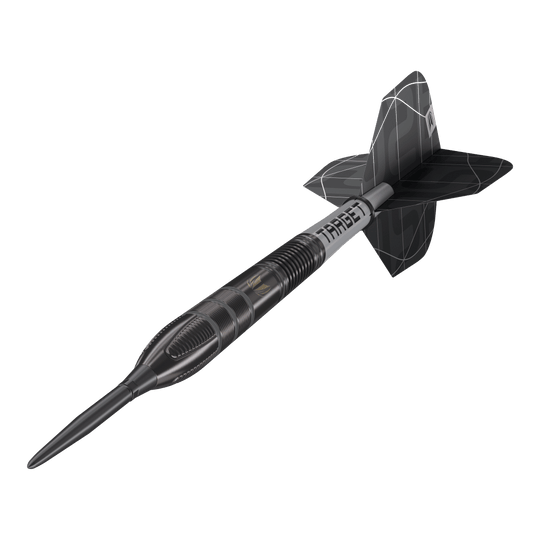 Freccette in acciaio Target Nathan Aspinall X Echo Swiss Point Das Bild zeigt einen Target Nathan Aspinall X Echo Swiss Point Steeldart. Der Dartpfeil ist schwarz-silbern und hat ein modernes, auffälliges Design.