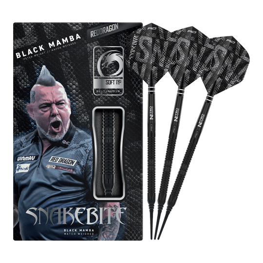 Auf dem Bild ist der Red Dragon Peter Wright Snakebite Black Mamba Softdart mit 20g zu sehen. Er überzeugt durch seine professionelle Verarbeitung und sein elegantes Aussehen.