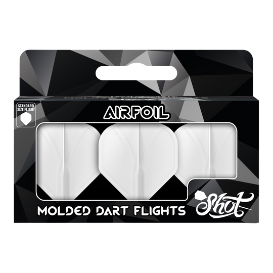 Alette standard n. 2 stampate con profilo alare Shot Die Verpackung zeigt drei weiße, geformte Dart-Flights der Marke Shot. Auf der Vorderseite steht „Airfoil – Molded Dart Flights“ in großen Buchstaben.