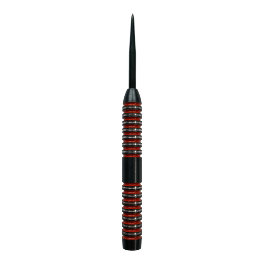 Barili McDart Crimson Steeldart Das Bild zeigt einen McDart Crimson Steeldart Barrel mit schwarzem und rotem Design. Der Barrel hat eine gerillte Oberfläche für besseren Halt.
