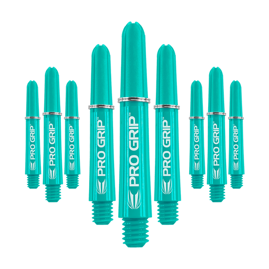 Target Pro Grip Shafts - 3 set - Aqua Das Bild zeigt neun türkisfarbene Dartschäfte mit der Aufschrift "PRO GRIP". Die Schäfte sind in einer Gruppe angeordnet und haben silberne Ringe.