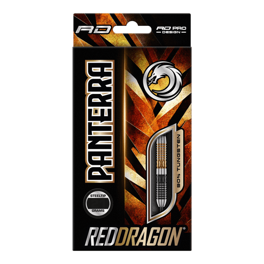 Freccette in acciaio Red Dragon Panterra Die Abbildung zeigt die Verpackung der "Red Dragon Panterra Steeldarts". Das Design ist auffällig mit goldenen und schwarzen Farben gestaltet und hebt den Dart mit 90% Tungsten-Anteil hervor.