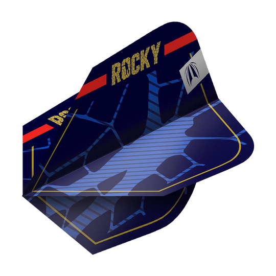 Target Pro Ultra Josh Rock GEN1 Ten-X Flights - 3 set Das Bild zeigt ein Set von blauen Dart-Flights mit dem Aufdruck "ROCKY" in goldener Schrift. Die Flights haben ein modernes Design mit blauen Linien und einem roten Streifen am oberen Rand.