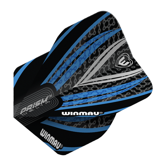 Voli standard Winmau Prism Delta Nero Bianco Blu n. 2 Das Bild zeigt ein Winmau Prism Delta Standard Dartflight in den Farben Schwarz, Weiß und Blau. Das Flight hat ein modernes, grafisches Design mit dem Winmau-Logo und auffälligen Mustern.