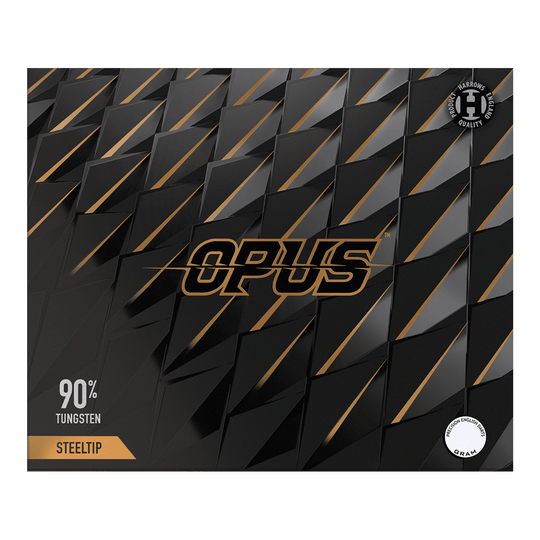 Gezeigt wird das Produkt Harrows Opus Quick Point Steeldarts - 23g. Diese Darts sind speziell für Präzisionswürfe entwickelt.
