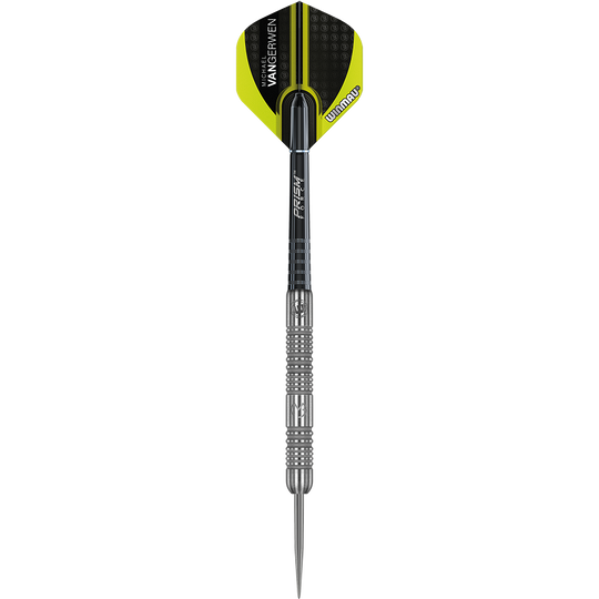 1443_Winmau_Michael_Van_Gerwen_MvG_Authentic_Steeldarts_1f2YRRNKDuH0eS Das Bild zeigt einen Winmau Michael Van Gerwen MvG Authentic Steeldart. Der Dartpfeil ist silberfarben mit schwarzen Akzenten und hat eine schwarz-gelbe Flight.