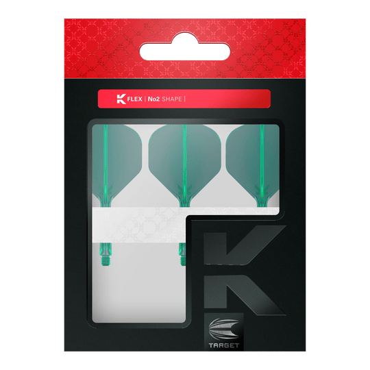 Target K-Flex No2 Standard Flight System - Verde Dies ist eine Packung mit drei grünen Dartflights der Marke Target. Die Verpackung ist schwarz mit einem roten oberen Rand und einem Sichtfenster.