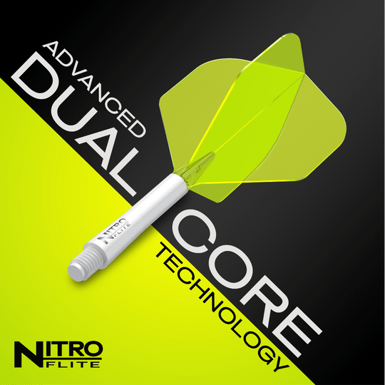 Das Bild zeigt das Produkt "Red Dragon Nitroflite - White Shaft Yellow No2 Flights" mit einem weißen Schaft und gelben Flights. Im Hintergrund steht der Text "Advanced Dual Core Technology".