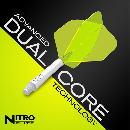 Nitroflite Red Dragon - Asta Bianca Gialla N. 2 Voli Das Bild zeigt das Produkt "Red Dragon Nitroflite - White Shaft Yellow No2 Flights" mit einem weißen Schaft und gelben Flights. Im Hintergrund steht der Text "Advanced Dual Core Technology".