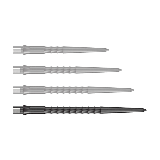 Abgebildet sind schwarze Steeldartspitzen des Caliburn Evo Systems mit 40 mm Länge. Die Steeldartspitze ist einzeln auf weißem Hintergrund zu sehen.