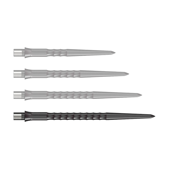 Punte Caliburn System Steeldart - Ripple - NoLip - Nere Abgebildet sind schwarze Steeldartspitzen des Caliburn Evo Systems mit 40 mm Länge. Die Steeldartspitze ist einzeln auf weißem Hintergrund zu sehen.