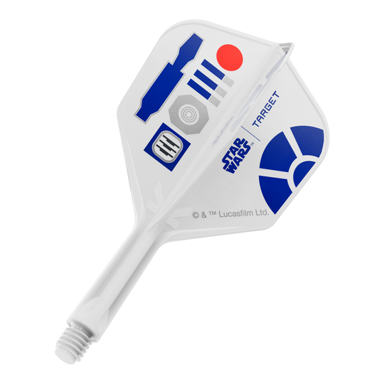 Voli Target Star Wars K-Flex R2D2 No6 Das Bild zeigt Dart-Flights mit einem R2D2 Motiv und der Bezeichnung 410510_Target_StarWars_KFlex_R2D2_No6_Flights_Short_19mm_1. Es handelt sich um kurze Dart-Flights im Star Wars Stil.