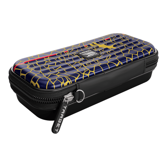 Custodia per freccette Target Takoma Josh Rock Das Bild zeigt ein Target Takoma Josh Rock Dartcase. Das Etui hat ein auffälliges Muster in Blau und Gelb mit einem schwarzen Reißverschluss.