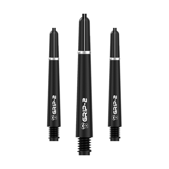BS55061_Bulls_B-Grip-2_SL_Shafts_Schwarz_41mm_1 Das Bild zeigt drei schwarze Bulls B-Grip-2 SL Shafts für Darts. Sie sind in unterschiedlichen Längen angeordnet und haben eine weiße Beschriftung.