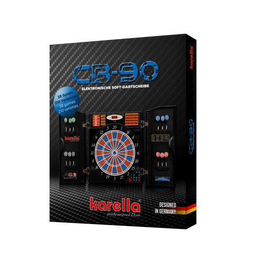 Bersaglio elettronico CB 90 versione torneo Auf dem Bild ist die Verpackung einer elektronischen Dartscheibe "CB 90 Turnierausführung" von Karella zu sehen. Die Dartscheibe bietet 38 Spiele mit 210 Varianten und ist "Designed in Germany".