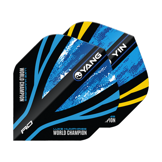 Red Dragon Luke Humphries Campione del mondo Blue Gold Yin Yang Voli standard Das Bild zeigt die "Red Dragon Luke Humphries World Champion Blue Gold Yin Yang Standard Flights". Die Flights sind in Blau, Schwarz und Gelb gestaltet und tragen die Aufschrift "World Champion" sowie "YIN" und "YANG".