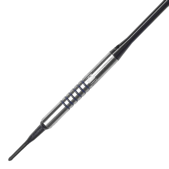 Freccette morbide McDart 85 Tungsten V19 - 16,5 g Dies ist ein McDart 85er Tungsten V19 Softdart mit einem Gewicht von 16,5g. Der Dart hat einen silbernen Barrel mit schwarzen Rillen und einer schwarzen Spitze.