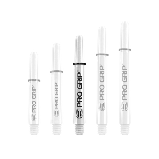 Target Pro Grip Shafts - 3 set - Bianco Das Bild zeigt fünf weiße Dartschäfte mit der Aufschrift "PRO GRIP". Sie sind in einer Reihe nach ihrer Länge sortiert.