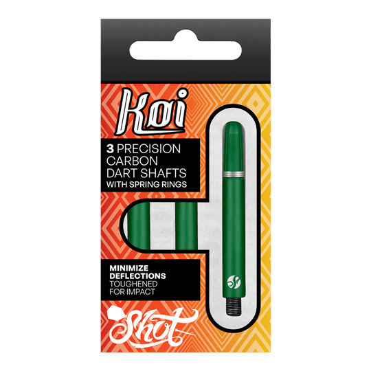 Aste Shot Koi Carbon - Verde Die Verpackung zeigt drei grüne Präzisions-Carbon-Dartschäfte mit Federringen der Marke Koi. Sie sind darauf ausgelegt, Ablenkungen zu minimieren und sind für hohe Belastungen verstärkt.