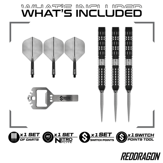 Dardi d'acciaio paralleli Red Dragon Recon Das Bild zeigt Red Dragon Recon Parallel Steeldarts. Es handelt sich um hochwertige Steeldarts mit einem modernen Design.