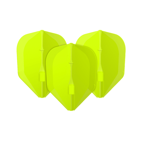Voli L-L-Style3EZ Das Bild zeigt drei neon-gelbe Dartflights. Sie stehen nebeneinander und haben eine klassische Pfeilform.