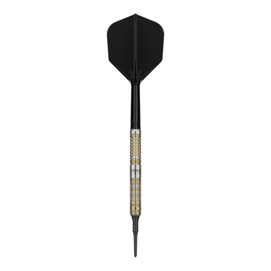 Target Japan Black Marque Reyn GEN2 Freccette morbide - 17,5 g Auf dem Bild ist ein Softdartpfeil des Modells "Target Japan Black Marque Reyn GEN2 Softdarts - 17,5g" zu sehen. Er hat eine silberne und goldene Griffzone sowie schwarze Flights und Spitze.
