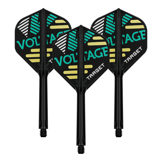 Sistema di alberi di volo standard Target K-Flex Rob Cross No2 Auf dem Bild sind drei Dart-Flights mit Schäften zu sehen. Die Flights sind schwarz und tragen die Aufschrift "VOLTAGE" und "TARGET" in grüner und weißer Farbe.