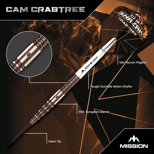 Freccette Mission Cam Crabtree V2 in acciaio al tungsteno al 95% Das Bild zeigt die Mission Cam Crabtree V2 Steeldarts, Modell 1. Zu sehen ist ein Detailfoto eines einzelnen Steeldarts.