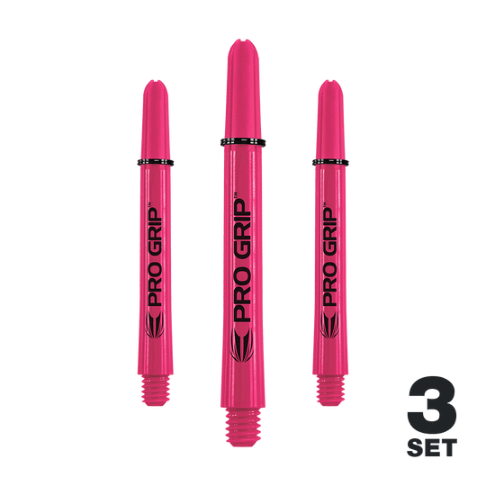 Target Pro Grip Shafts - 3 set - Rosa Das Bild zeigt drei pinke Pro Grip Shafts für Dartpfeile. In der rechten unteren Ecke steht "3 SET".