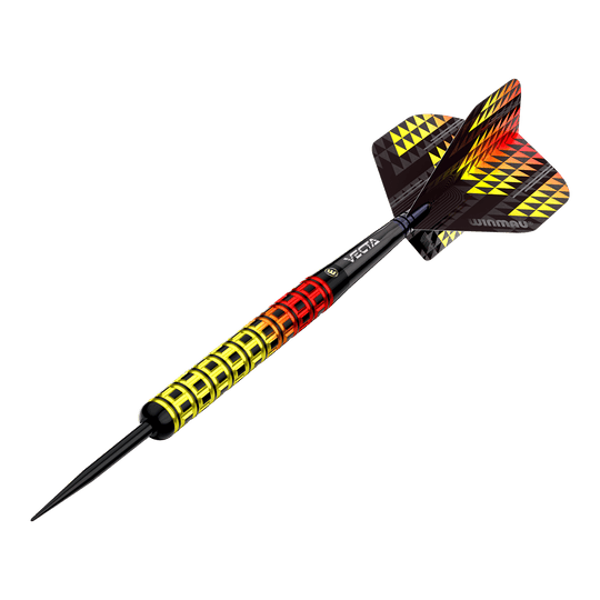 Winmau Firestorm Flame Parallel Steeldarts Das Bild zeigt einen Winmau Firestorm Flame Parallel Steeldart. Der Dart hat ein auffälliges Design mit einem Griff in Gelb, Rot und Schwarz sowie passenden Flight-Mustern.