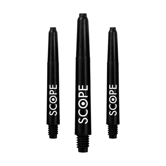 522_McDart_Scope_Nylon_Shafts_Schwarz_41mm_1TpW6mwUFccj0s Das Bild zeigt drei schwarze McDart Scope Nylon Shafts. Auf jedem Schaft steht in weißer Schrift das Wort "SCOPE".