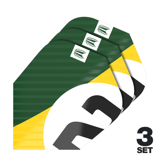 Alette Target Pro Ultra Chicane Green Ten-X - 3 set Das Bild zeigt drei Dart-Flights im grünen, gelben und weißen Design. Unten rechts steht "3 SET", was auf drei Sets hinweist.