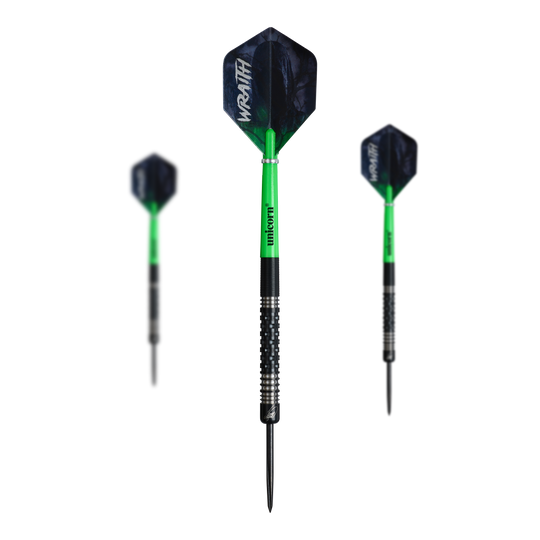 Freccette in acciaio Unicorn Wraith James Wade Das Bild zeigt ein Set der Unicorn Wraith James Wade Steeldarts. Diese Steeldarts sind für ein optimales Spielerlebnis entwickelt.