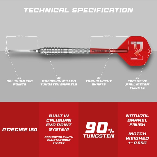 Freccette in acciaio Precise 180 Paul Meyer versione 1 Dieses Bild zeigt die Precise 180 Paul Meyer Version 1 Steeldarts. Das Produkt bietet eine hohe Qualität für Dartspieler.