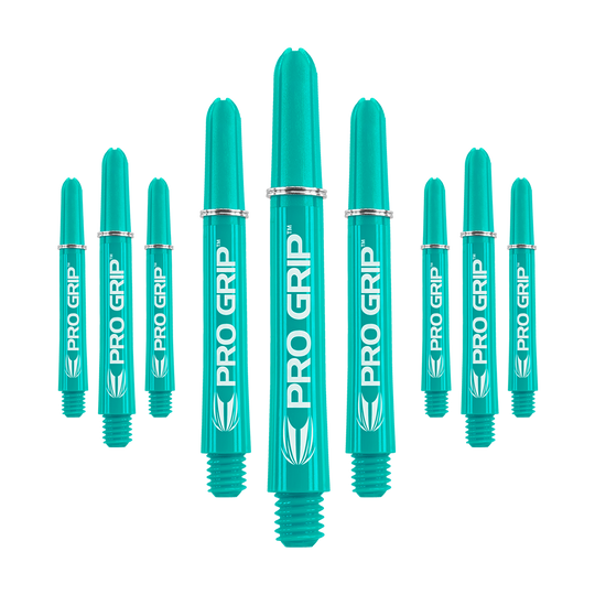 Target Pro Grip Shafts - 3 set - Aqua Das Bild zeigt neun aqua-farbene Dartschäfte mit der Aufschrift "PRO GRIP". Sie sind in drei Reihen angeordnet und haben ein einheitliches Design.