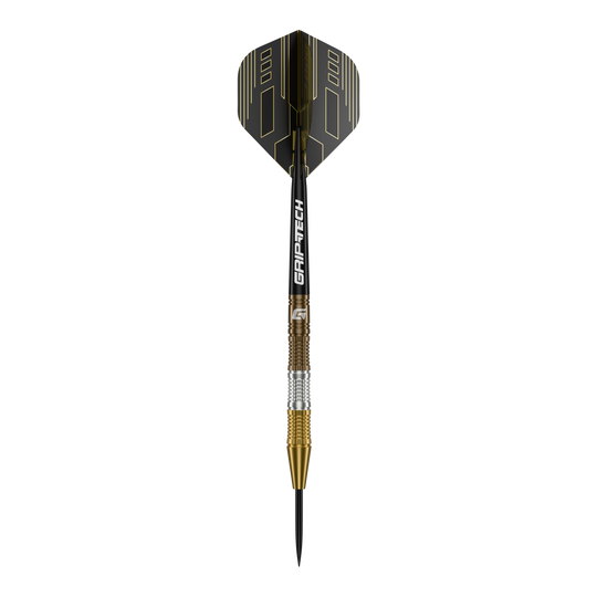 Freccette in acciaio al tungsteno GOAT Ceremony Das Bild zeigt einen GOAT Ceremony Tungsten Steeldart mit einem eleganten Design in Gold, Silber und Schwarz. Auf dem Schaft steht der Schriftzug "GRIP-TECH".
