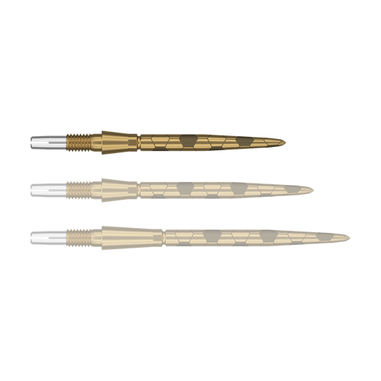 Punte per freccette Target Swiss Storm Onyx Point - Oro Das Bild zeigt drei goldfarbene Dartspitzen mit sechseckigen Mustern. Sie liegen nebeneinander und sind in unterschiedlichen Perspektiven dargestellt.